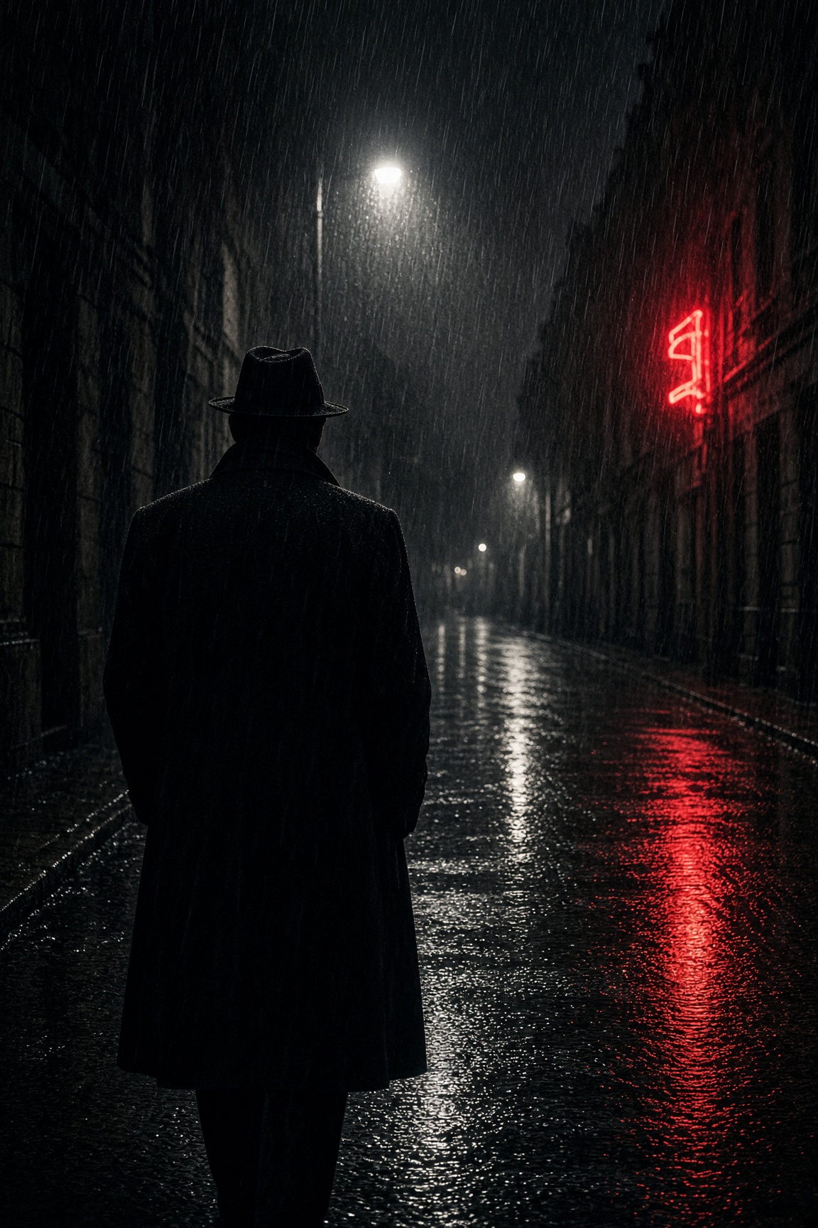 Homme de dos, chapeau et manteau, rue sous la pluie.