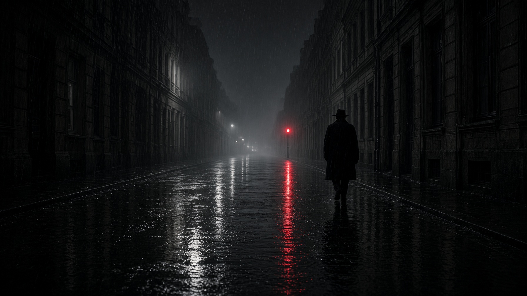 Rue mouillée la nuit, un homme s’éloigne sous la pluie.
